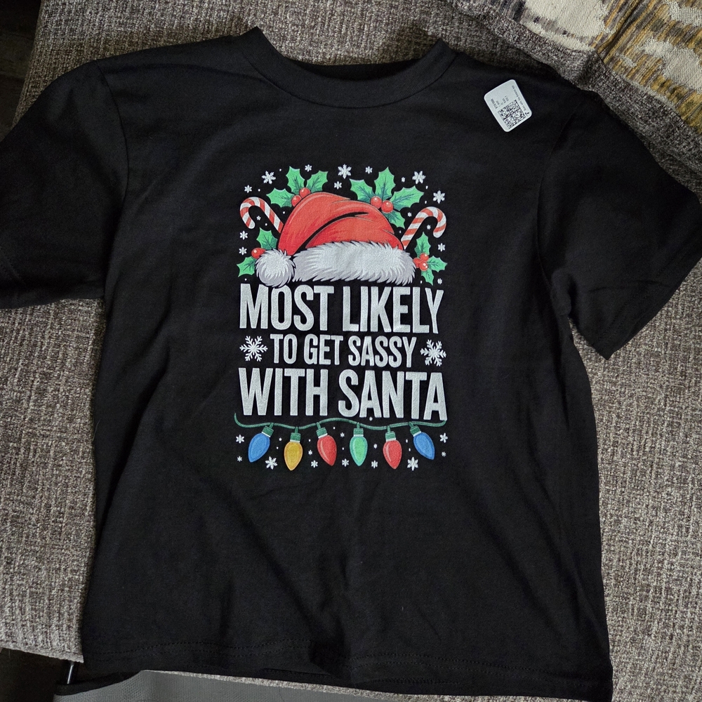 Port and Company Black Tee with Santa Hat and Candy Canes